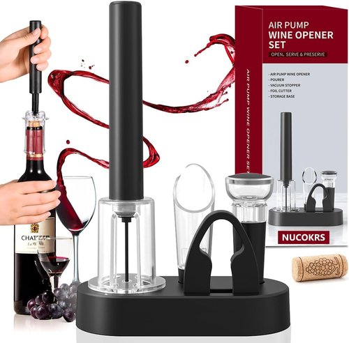 5 Pcs Air Pump Wine Opener Set with Foil Cutter, Wine Pourer, Vacuum Stopper and Storage Base NUCOKRS Corkscrew Great Gift for Wine Lovers