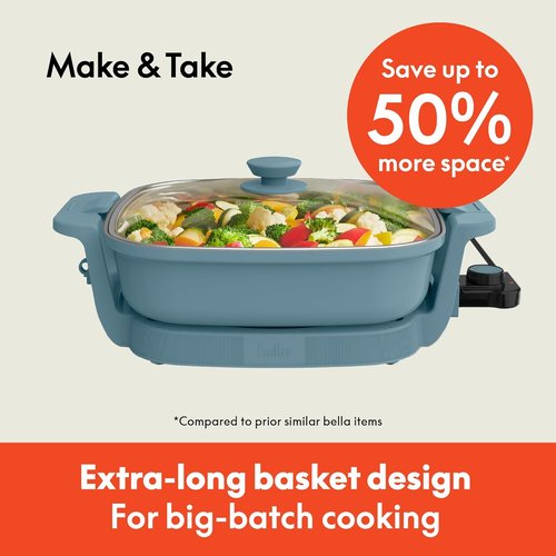 Bella Make & Take Electric Skillet - Adjustable Temperature | Dishwasher-Safe Glass Lid, 1200W, Surf Color
