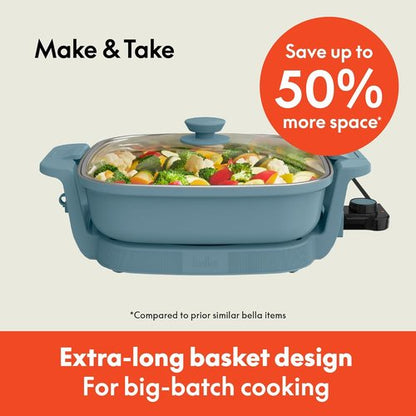 Bella Make & Take Electric Skillet - Adjustable Temperature | Dishwasher-Safe Glass Lid, 1200W, Surf Color