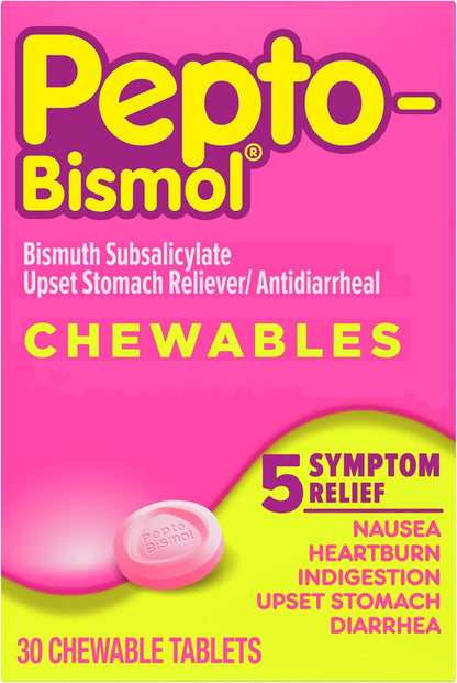 Pepto Bismol Chewable Tablets - Fast Upset Stomach & Nausea Relief | 30 Count for Adults
