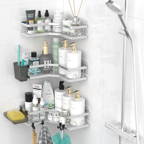 **AKTECKE Corner Shower Caddy | Adhesive Bathroom Organizer - Rustproof Stainless Steel - 3-Pack No Drilling**