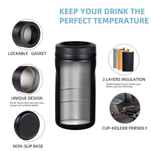 COKTIK 5 in 1 Insulated Can Cooler, 8 Pack Double Wall Slim Can Cooler Set for 12 oz Regular or Slim Cans & Beer Bottle (Black)