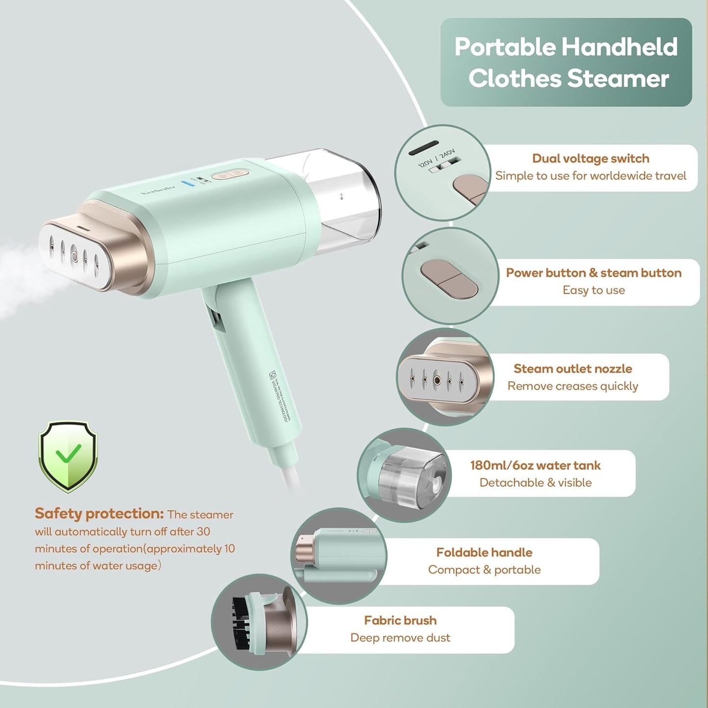 Newbealer Travel Steamer - Dual Voltage 1200W Fabric Wrinkle Remover | Fast 20s Heat-Up, Foldable, 180ml (Green)