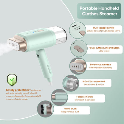 Newbealer Professional Business Travel Steamer, 1200W High-Power Dual Voltage (100-240V), Fast 20s Heat Up for Clothes Horizontal Vertical Steaming, Foldable & Solid 1.72 lbs, 180ml (Green)