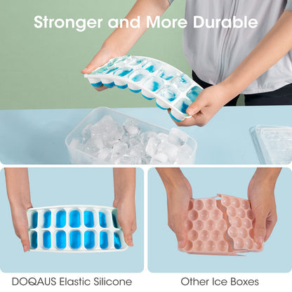 DOQAUS Ice Cube Tray with Lid and Bin, 4 Pack Silicone Plastic Ice Cube Trays for Freezer with Ice Box, Ice Trays with Ice Container, Stackable Ice Tray with Storage Ice Bucket,Ice Tong,Ice Scoop