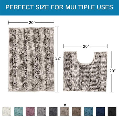 H.VERSAILTEX Bathroom Rugs Bath Rug Set 2 Piece Bathroom Contour Rug Toilet Mat Sets Non Slip Contour Bath Rug Ultra Thick Water Absorbent Striped Bath Mats Washable(20" x 32" Plus 20" x 20" U, Taupe)