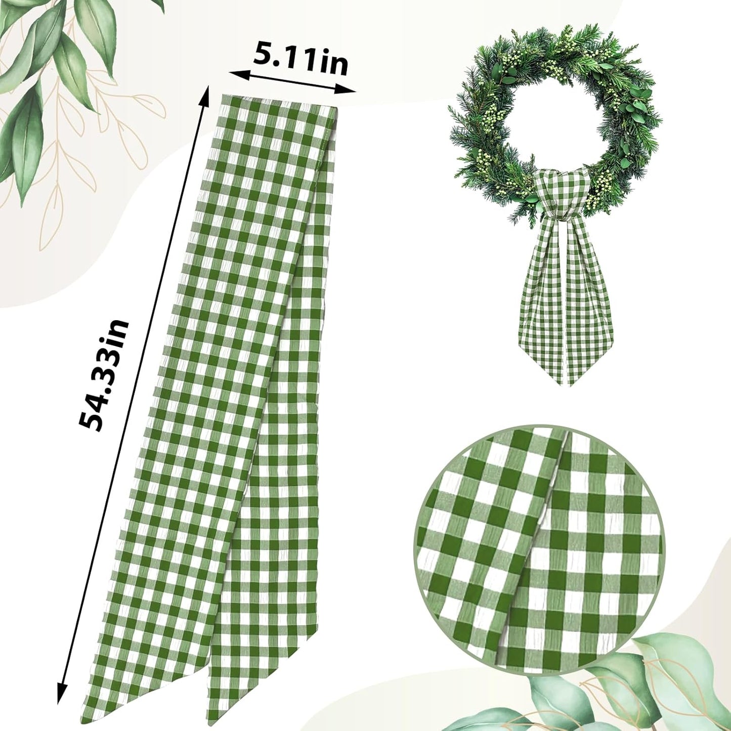 Seersucker Wreath Sash by Green White Buffalo Plaid - Elegant Satin & Burlap Ribbon for Indoor/Outdoor Decor | 5.1 x 54.3 Inches