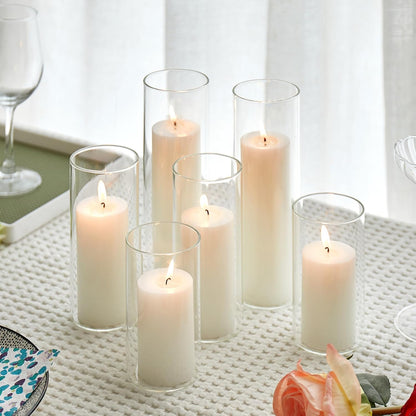Regine Switzerland Set of 6 White Pillar Candles - Elegant Glass Hurricane Holders for Weddings & Home Decor