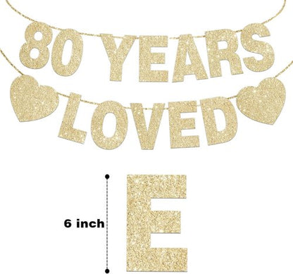 80 Years Loved Banner - Gold Glitter 80th Birthday Decorations for Men & Women | Pre-Strung Party Decor