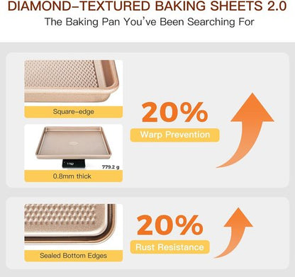HONGBAKE Nonstick Baking Sheet Pan Set - 3 Pack with Heat Resistant Oven Mitts | Heavy Duty 0.8mm Thick