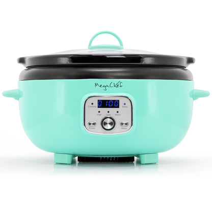 MegaChef 6.9 Quart Oval Electric Slow Cooker, Removable Ceramic Pot, 3 Heat Settings, Kitchen Appliance, Countertop Cooker (Turquoise)