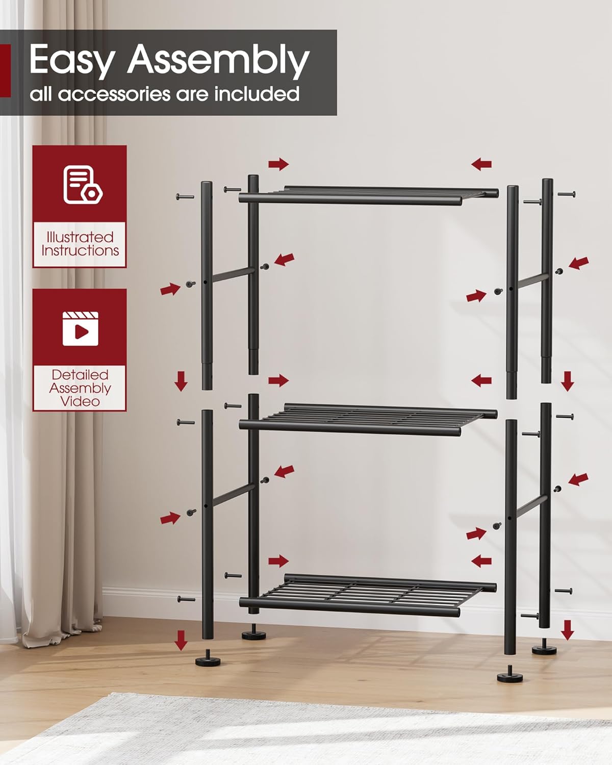 Sakugi Storage Shelves - Sturdy 3-Tier Metal Organizer with Adjustable Feet | Space-Saving for Pantry, Laundry & Kitchen (18" x 12" x 30", Black)
