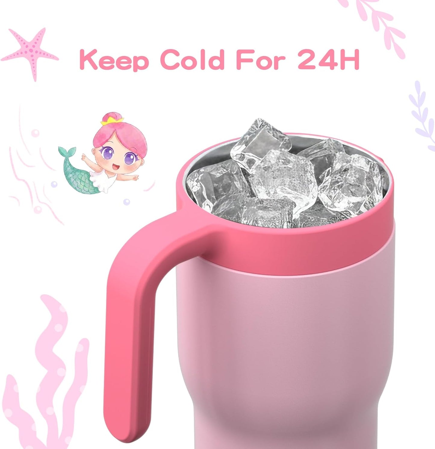 OISIZ 14oz Kids Tumbler - Leakproof Stainless Steel Cup with Straw Lid & Handle | Pink