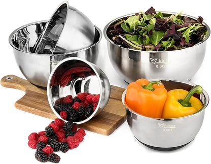 Wildone Mixing Bowls Set - Stainless Steel Nesting Bowls with Airtight Lids & Non-Slip Bottoms | 5 Sizes (1.5 to 8 QT)