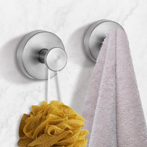 AUGLEAF Suction Cup Hooks for Shower, Towel Hooks for Bathroom, Kitchen, Glass Door, Mirror, Tile, – Loofah, Towel, Bath Robe Hooks for Hanging up to 15 lbs, Brushed Silver (2 Pack)
