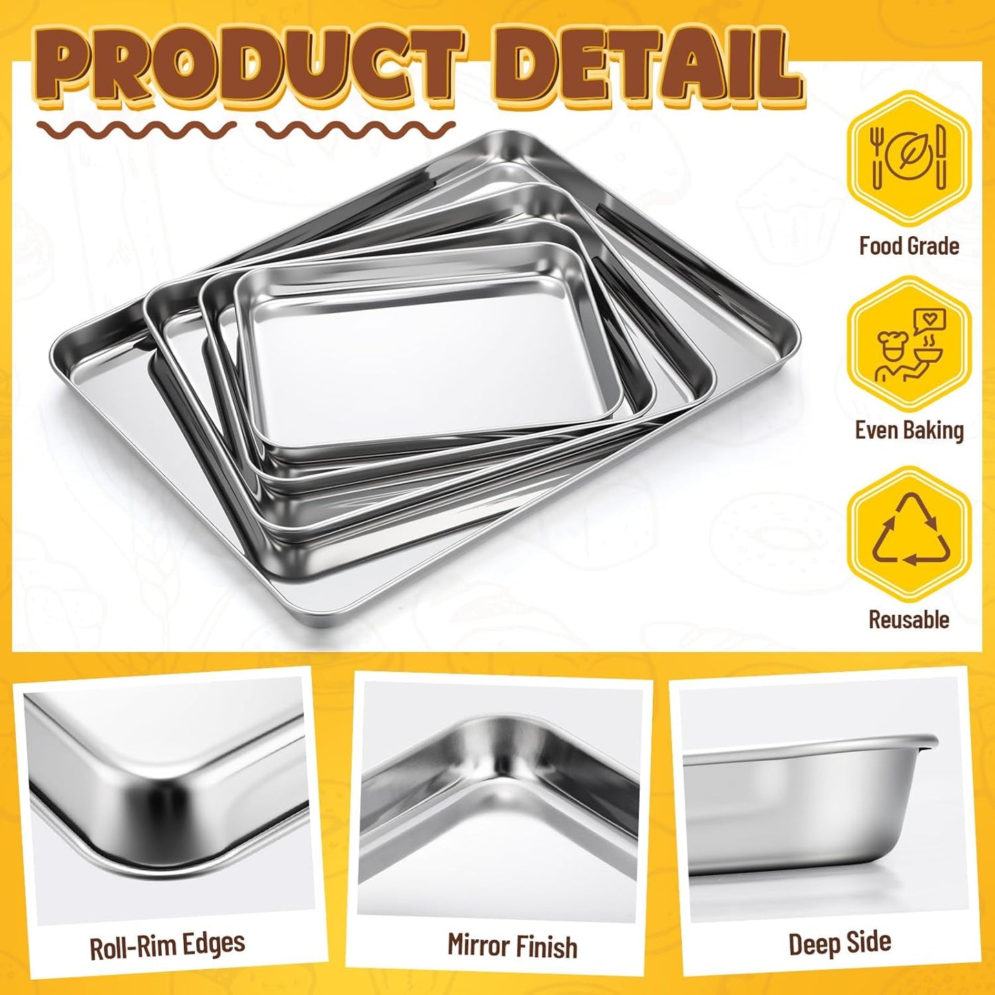 Skiennix Stainless Steel Baking Pans - 4 Pack Commercial Grade Cookie Sheets, Heavy Duty, Non-Stick, 9/10/12/16 Inch