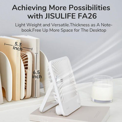 JISULIFE Rechargeable Desk Fan - 4500mAh Battery, 4 Adjustable Speeds, Portable & Foldable - White
