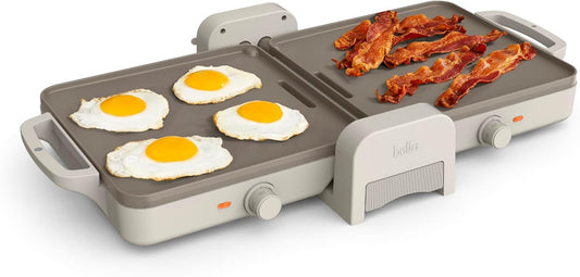 Bella Ceramic Fold-N-Store Dual Temp Griddle - Nonstick Coating, 2 Temp Zones, 10"x20", Oatmilk Color