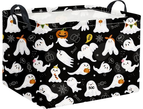 HIYAGON Rectangular Halloween Basket for Boys and Girls Kids Trick or Treat Pumpkin Basket for Halloween Parties Cute Storage Bin Organizer Box Room Decor(Black ghost)