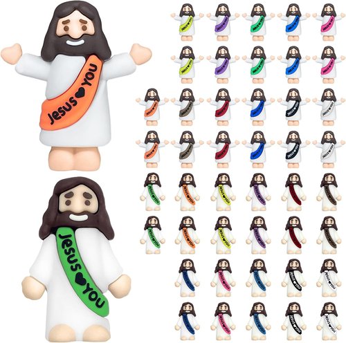 Keway Mini Jesus Figurines - 44 PCS Rubber Pocket Figures for Easter, Baptism Gifts & Sunday School | 11 Colors, 2 Styles