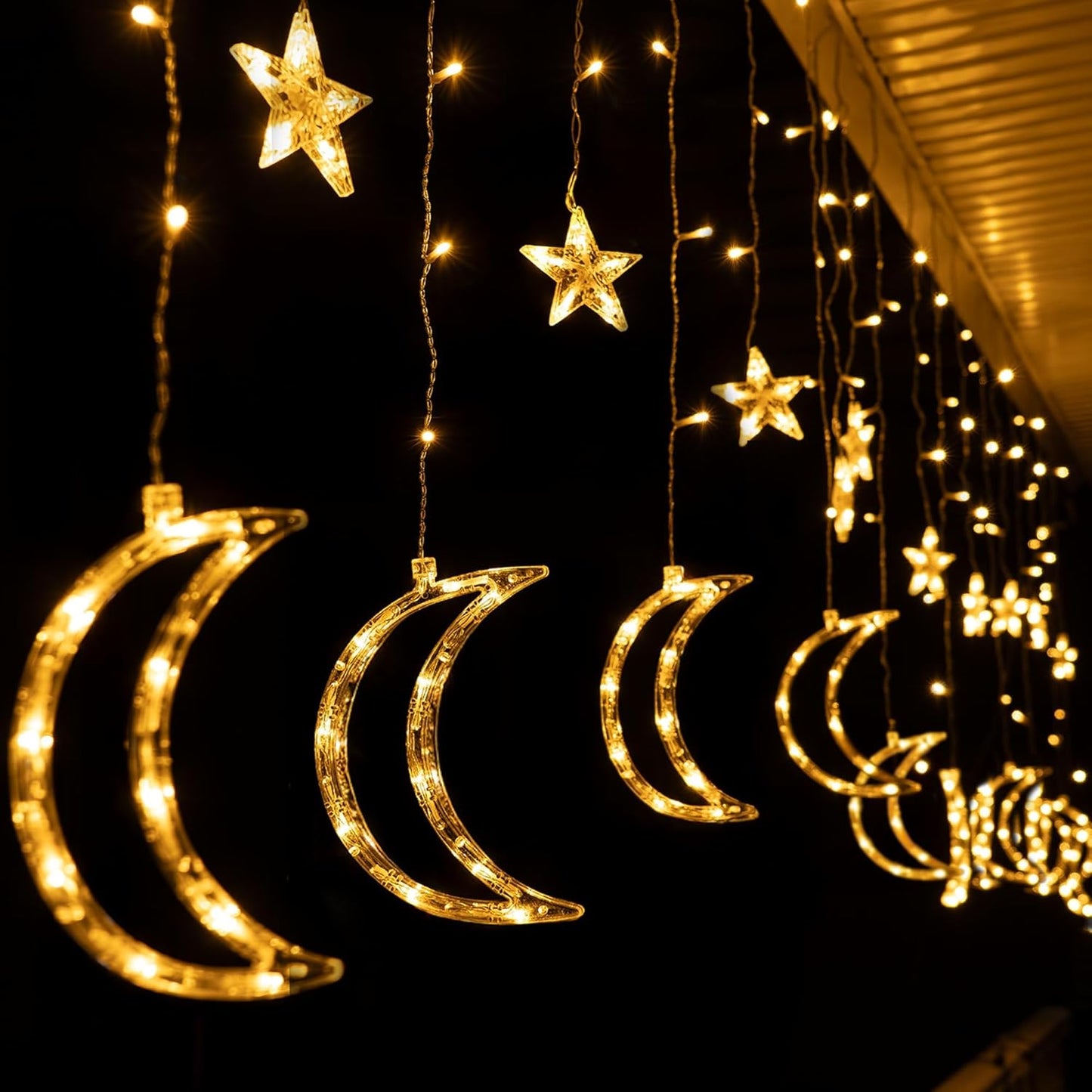 TW SHINE Star & Moon Curtain String Lights - 138 LED, 8 Modes, Waterproof, 8.2 FT for Ramadan Decor