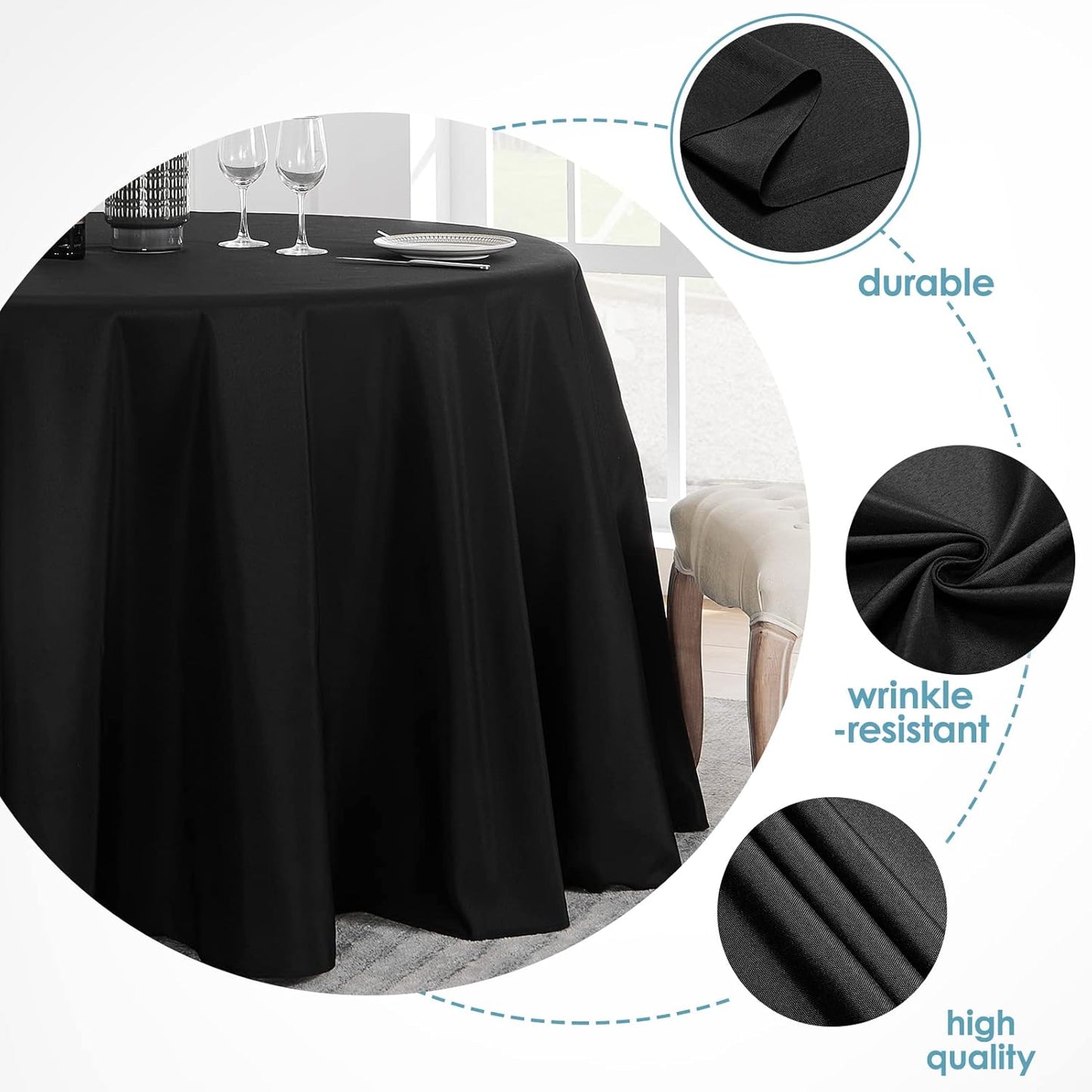 VidaFete Round Tablecloth - 90-Inch Stain Resistant Polyester Cover for Dining & Events | Black