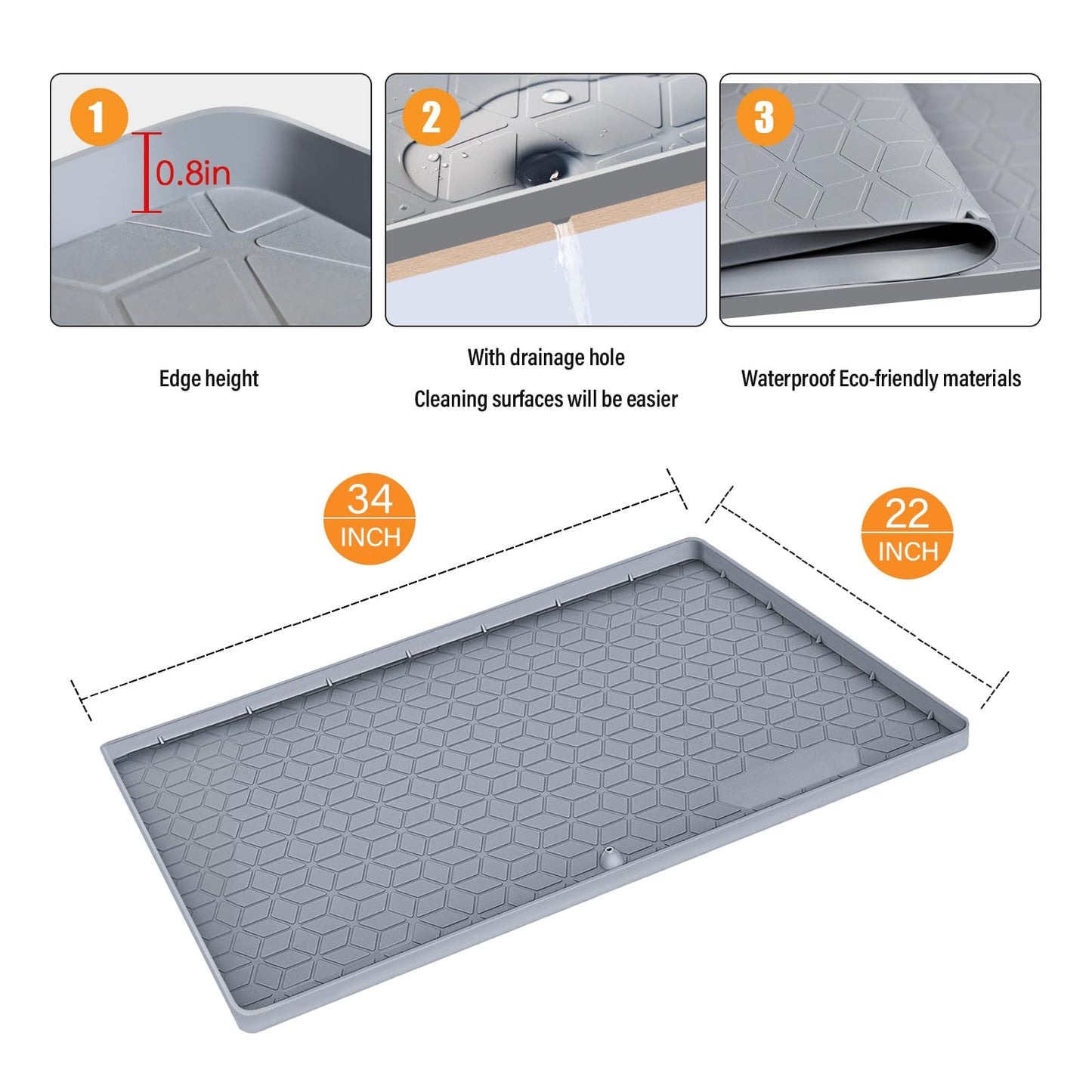 Under Sink Mat for Kitchen Waterproof, 34" x 22" Silicone Under Sink Tray with Drain Hole, Sink Protectors for Kitchen Cabinet Liner, Up to 3.3 Gallons Liquid Drip Tray (Grey, 34'' x 22'')