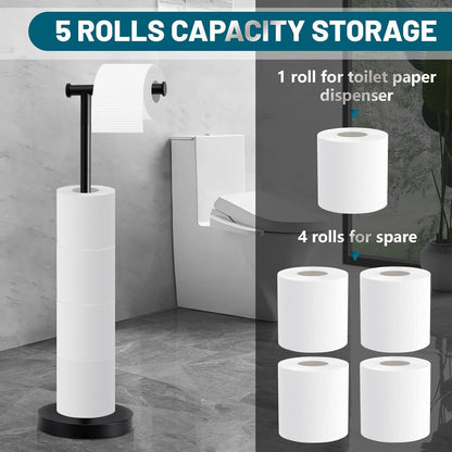 Skiennix Toilet Paper Holder Stand - Rustproof Free Standing Design with Stable Weighted Base | Black Finish