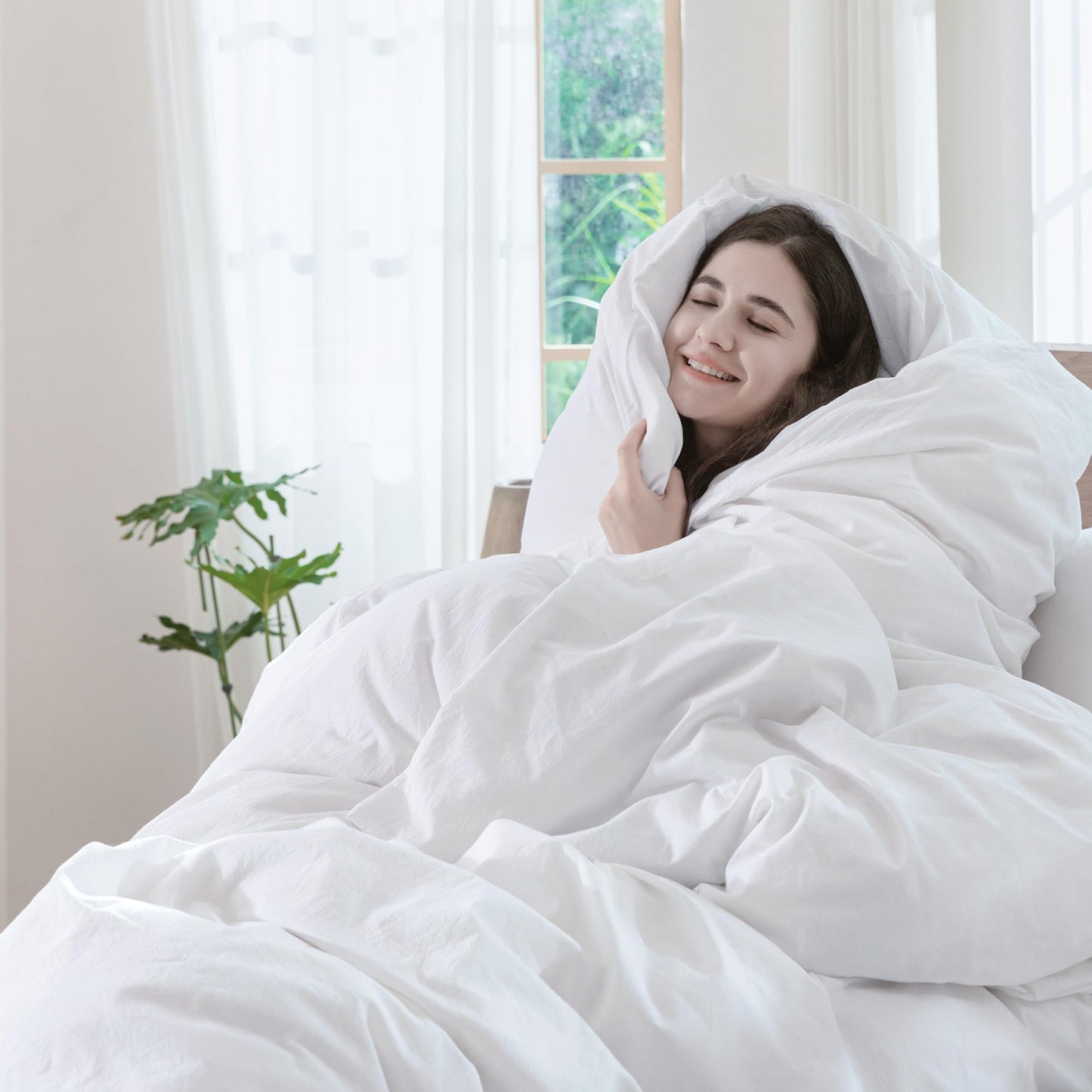 MooMee Bedding Duvet Cover Set 100% Washed Cotton Linen Like Textured Breathable Durable Soft Comfy (Solid Bright White, Queen 90"x90")