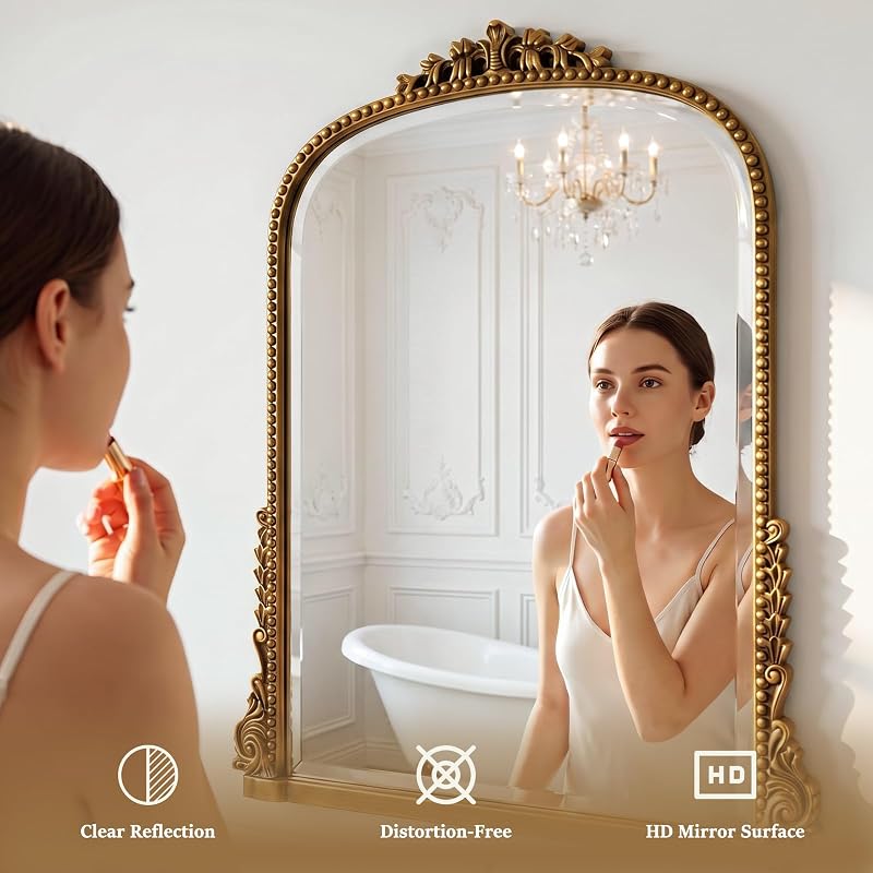 28x40 in Vintage Baroque Wall Mirror with Gold Finish, Arched Frame — Variation: Gold+40"L x 28"W