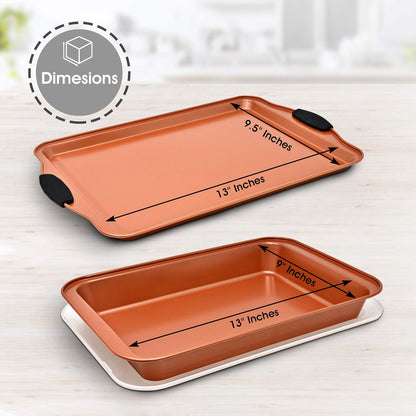 Perlli Nonstick Baking Sheet Set - 4-Piece Copper Carbon Steel Bakeware with Silicone Grips | Includes 2 Cookie Sheets & Baking Pan with Lid