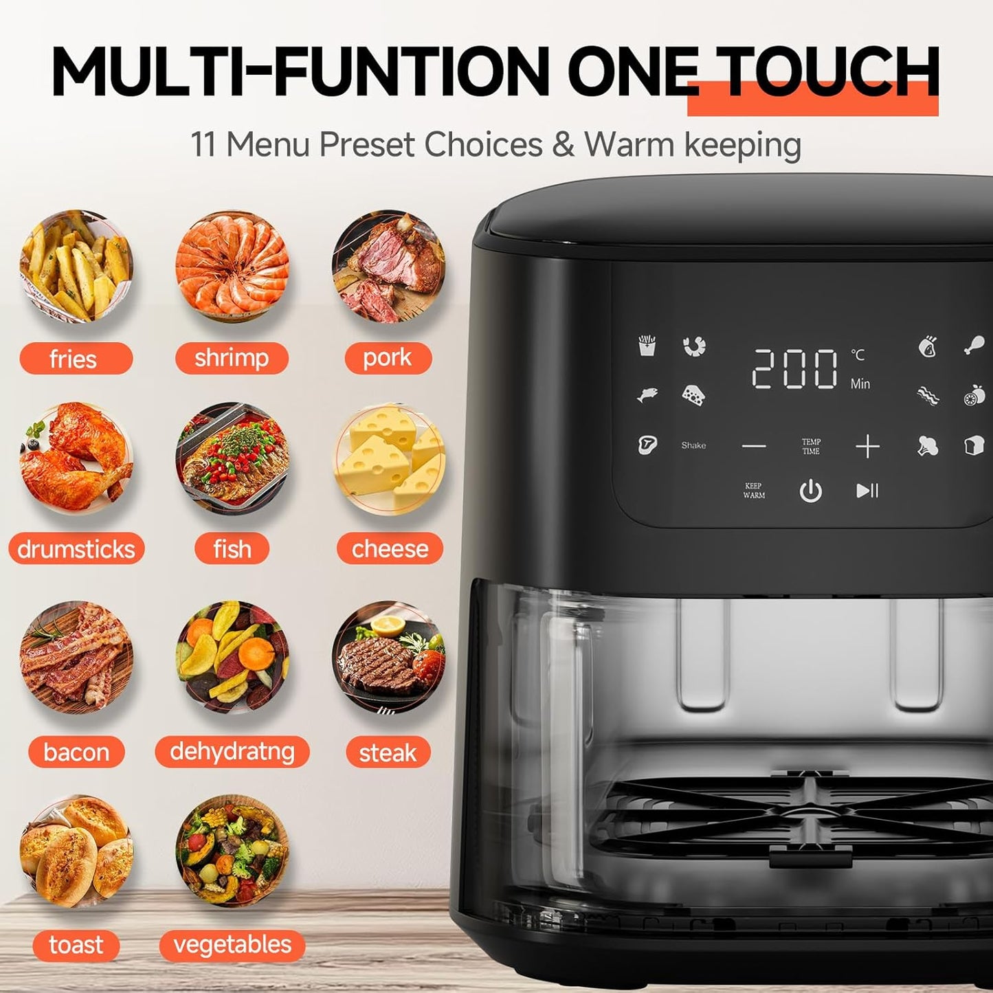 QIDO Air Fryer - 5 QT Compact Air Fryer for Quick Meals, Touchscreen Controls & Nonstick Basket - Black