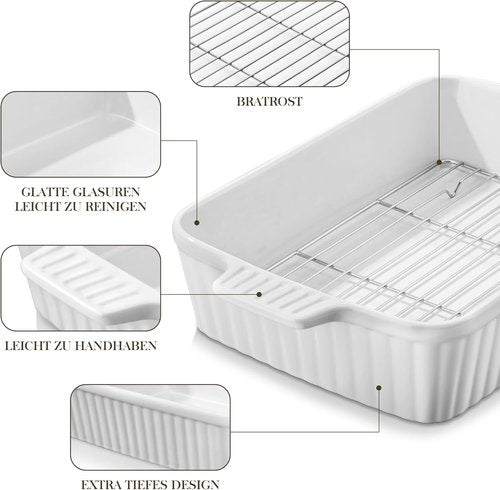 MALACASA 4.4 QT Ceramic Baking Dish - Large 9x13 Casserole Pan with Rack & Handles | Oven & Microwave Safe, White