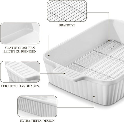 MALACASA 4.4 QT Ceramic Baking Dish - Large 9x13 Casserole Pan with Rack & Handles | Oven & Microwave Safe, White