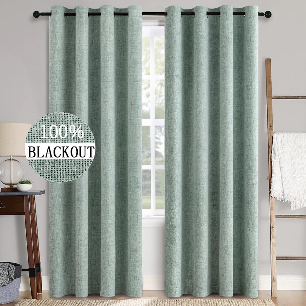 MIULEE 90-Inch Linen Texture Curtains - 100% Blackout Thermal Insulated Seafoam Green Drapes | 52x90 Inch (2 Panels)