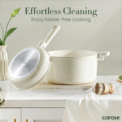 CAROTE 18Pcs Nonstick Ceramic Cookware Set, PFAS/PFOA Free, Cream White Pots and Pans Set Non Stick, Non-toxic Cookware,Kitchen Cooking Pan Set, Large Capacity