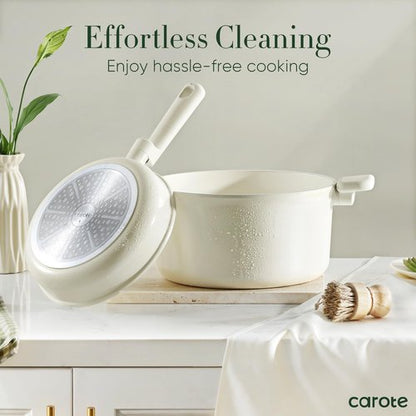CAROTE 18Pcs Nonstick Ceramic Cookware Set, PFAS/PFOA Free, Cream White Pots and Pans Set Non Stick, Non-toxic Cookware,Kitchen Cooking Pan Set, Large Capacity