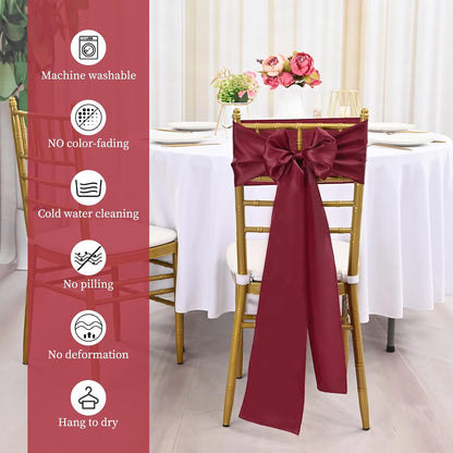 Skiennix 100 PCS Satin Chair Sashes - Burgundy Decorative Ribbon Ties for Weddings & Events | 7 x 108 Inch