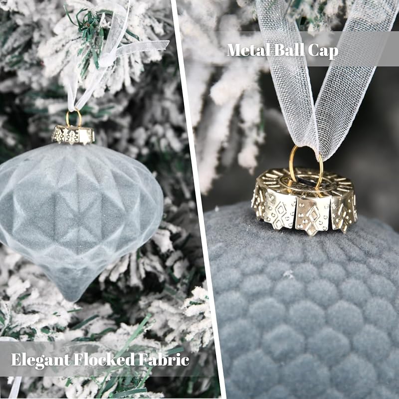 Grey Velvet Ornament Set - 24 Shatterproof Flocked Christmas Balls for Tree Décor - Dusty Blue/Gray (Variation: Grey)