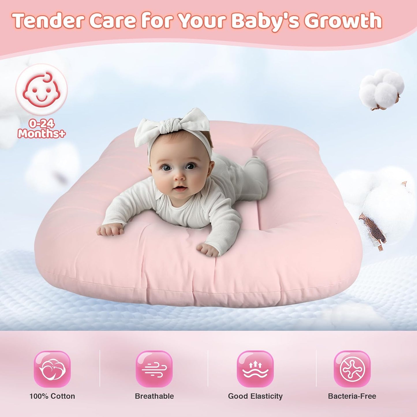Skiennix Infant Support Cushion - Portable Tummy Time Mat for Newborns, Soft Cotton, Pink, 0-24 Months