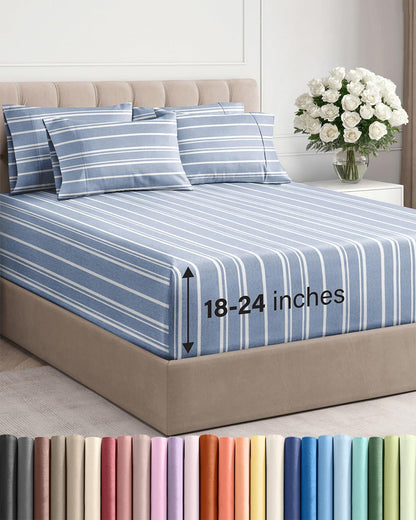 Skiennix Extra Deep Full Sheet Set - 6-Piece Cooling Bedding - Soft, Wrinkle-Free Blue Stripes