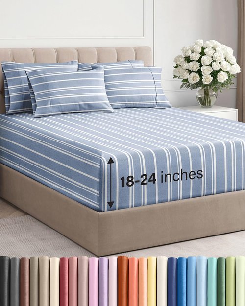 Extra Deep Cal King Sheet Set - 6 Piece Breathable and Cooling Sheets - Hotel Luxury Bedding for Women, Men, Kids & Teens - Easy Secure Fit - Soft & Wrinkle Free - Extra Deep Pockets - Blue Stripes