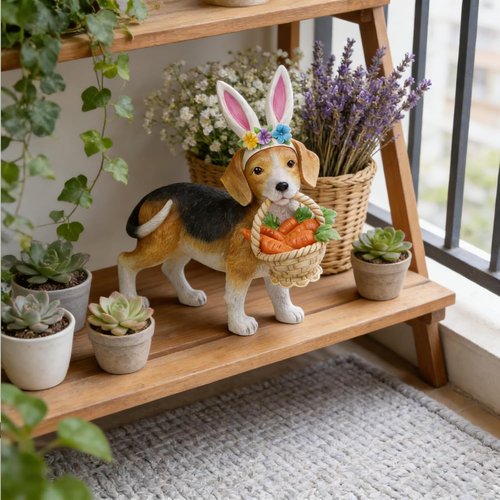 Cynkeyee Dog Garden Statue - Adorable Beagle Puppy with Bunny Ears & Carrot Basket | 11.5" x 4" x 10.5" Indoor/Outdoor Decor