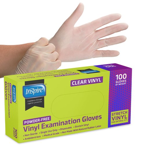 Inspire Exam Medical Clear Vinyl Disposable Gloves - Latex Free for Cleaning, Food Prep (100, Large)