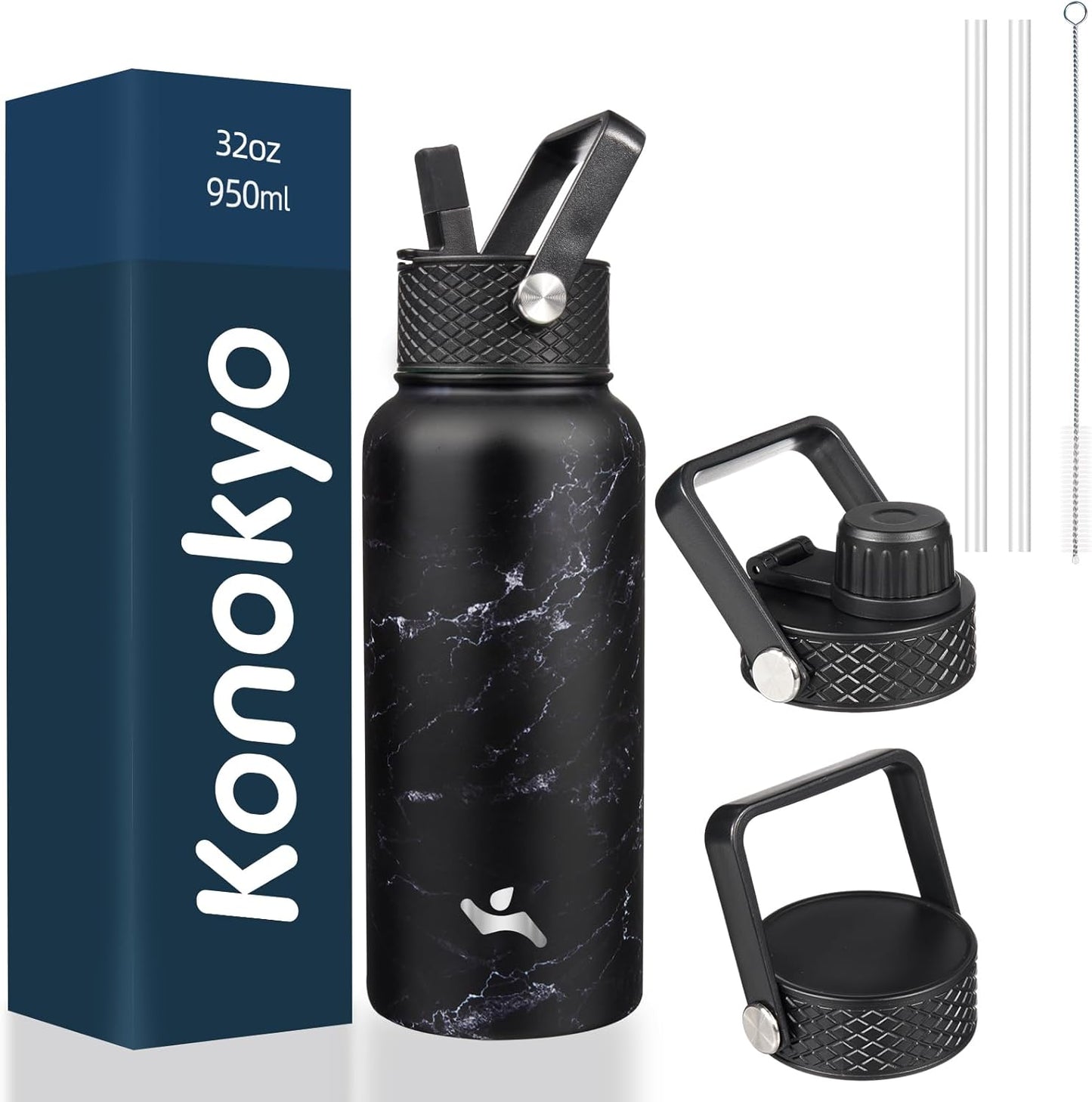 Skiennix 32 Oz Insulated Stainless Steel Water Bottle - Marble Midnight | 3 Lids Included