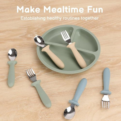 Eascrozn Toddler Utensils - 6 Pack Kids Silverware Set with Silicone Handles | Safe Stainless Steel Forks & Spoons