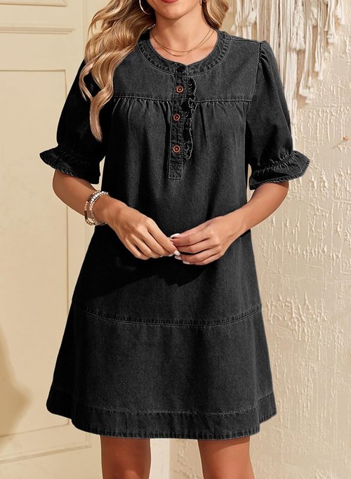 Dokotoo Women's Denim Dress 2026 Babydoll Dress Casual Ruffle Short Sleeve Button Jean Dresses