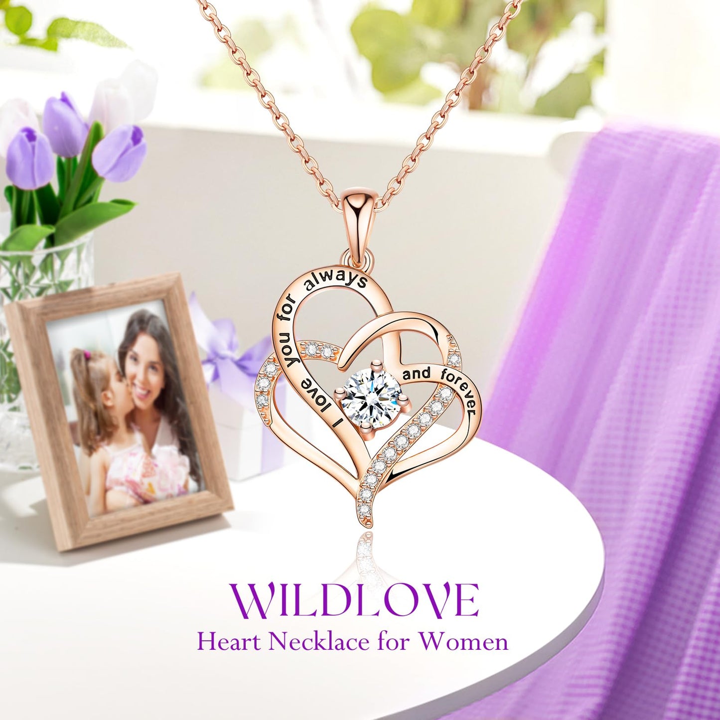 WILDLOVE Forever Real Rose with Heart Necklace, Preserved Flowers Gifts for Mom, Wife and Girlfriend on Christmas, Valentine's Day, Mother's Day, Birthday for Women Her - Purple
