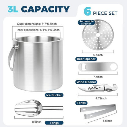 3L Ice Buckets for Parties 6PC Set, Stainless Steel Double-Wall Insulated Ice Bucket with Lid, Scoop, Tongs, Beer & Wine Opener – Ideal for Cocktail Bar, Outdoor Events & Keeps Ice Frozen Longer