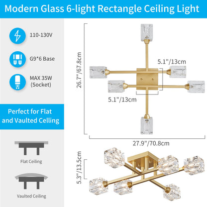 XINGQI Modern Ceiling Light 6 Lights Semi Flush Mount Ceiling Light Fixture, Gold Sputnik Chandeliers Mid Century Industry Lights for Bedroom Dining Room Farmhouse Kitchen